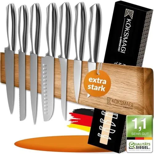 KÖKSMAGI® Magnetleiste Messer OSKAR (50 cm) - edle Holz-Magnetschiene für schwere Messer - Küchenmesser & -sets - Magnetleiste aus hochwertigem Akazienholz mit extrem starkem Magnet für sichere Aufbewahrung von schweren Messern. Flexibel zu montieren: selbstklebend oder zum Bohren.