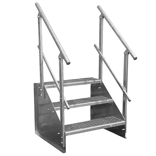 SRM Design Außentreppe 3 Stufen mit beidseitigem Geländer - Praktische Standtreppe mit 3 Stufen, freistehend und verzinkt. Ideal für Garten, Wohnwagen oder gewerblichen Einsatz. Robust und korrosionsgeschützt für langanhaltende Nutzung.