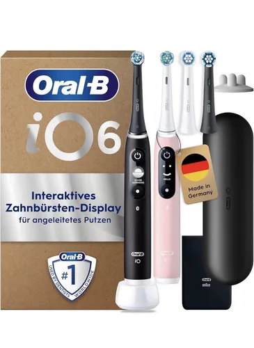 Oral-B iO Series 6 Plus Edition Doppelpack Elektrische Zahnbürste - Elektrische Zahnbürsten mit 5 Putzmodi und KI-gestützter App für individuelle Zahnpflege, inklusive 4 Aufsteckbürsten und langlebigem Akku für optimale Zahnhygiene.