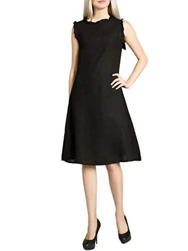 Caspar SKL012 knielanges leichtes Damen Sommer Leinenkleid mit kleinem Wellenkragen, Farbe:schwarz, Größe:S - DE36 UK8 IT40 ES38 US6