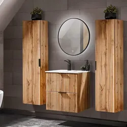 Lomadox Badmöbel-Set ADELAIDE-56, 4-teilig in Wotaneiche - Elegantes Badezimmermöbel-Set in Wotaneiche mit Rillenoptik. Inklusive Spiegel und optimaler Stauraum für Ihr Bad. Lieferung im Selbstmontagezustand.
