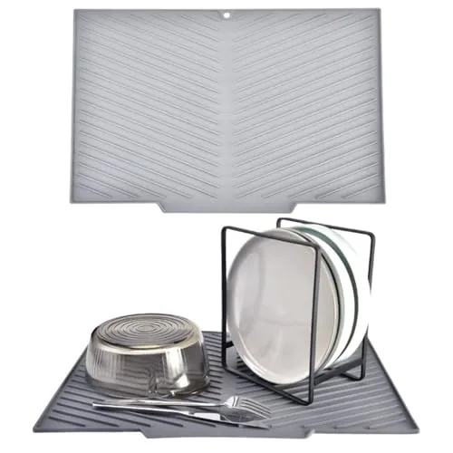 Echehi Abtropfmatte mit Ablaufauslass, V-förmige Abtropfmatte Geschirr mit Rutschfestem Design, BPA-freie und Leicht zu Reinigende Abtropfmatte Spüle. Grau