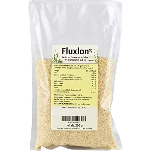 Fluxlon 200 G - Indische Flohsamenschalen - Arzneimittel zur Unterstützung der Verdauung, enthält 76,7 g Ballaststoffe pro 100 g, ideal für eine gesunde Ernährung.