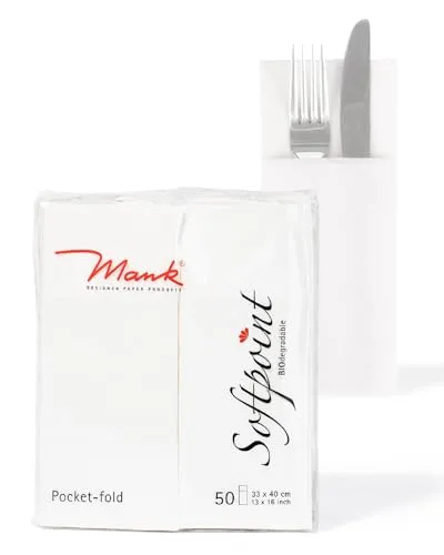 Mank Besteckservietten aus Softpoint | Pub Bestecktaschen | 40 cm x 33 cm 1/8 Falz | mit Besteckschlitz für Gastronomie und Feiern | 50 Stück | (Weiss)