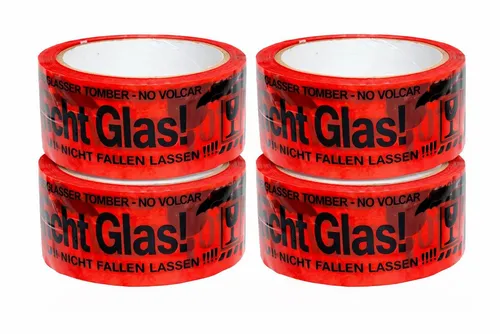 BAYLI Klebeband 4 Rollen PP Klebeband Vorsicht Glas 48mm x 66m - Warnband - starkes