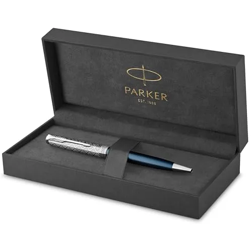 Parker Sonnet Kugelschreiber , Premium Metal & Blue Satinierung mit Chromverkleidung , Medium Spitze mit schwarzer Tinte Nachfüllen , Geschenkbox