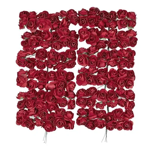 Kleine künstliche Rosen aus Papier | Deko-Blüten mit Draht-Stiel zum Befestigen | Rosenköpfe ca. Ø 2 cm | Kunstrosen, Deko-Rosen, Kunstblumen, Drahtblumen zum Basteln | 144 Stück (rot 2)