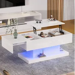 Tisch Aus Spanplatte In Weiß Hochglanz 100 Cm Mit Hydraulisch Anhebbarer Und Seitlich Verschiebbarer Platte, Led Und Stauraum
