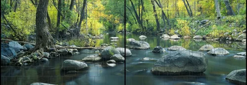 zaunzu Sichtschutzstreifen Fluss XL - Panorama Sichtschutz 5,0m x 1,8m - Gestalten Sie Ihren Garten individuell mit dem hochwertigen Sichtschutzstreifen im Panorama Motivdruck Fluss. Wetterfest und langlebig, passt er perfekt in Doppelstabmattenzäune und bietet einen stilvollen Rückzugsort.