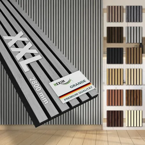 HEXIM Akustikpaneele 10 Stück 280x30cm - Edle Holzlamellen für perfekte Raumakustik - 10 Akustikpaneele in Grau, Maße: 280 x 30 cm, mit extra dickem Filz für hohe Schallabsorption. Ideal für stilvolle Wandverkleidungen, einfach zu montieren und sorgen für eine warme Atmosphäre.
