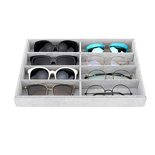 Emibele Brille Aufbewahrungsbox Organizer, 8 Gitter Samt Schmuckschale Uhr & Schmuck Stapelbar Aufbewahrung, Aufbewahrungsschrank mit Abnehmbarer Interner Trennwand für Familie Geschäft - Grau