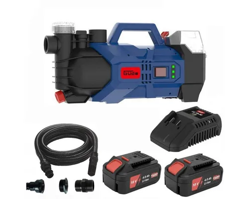 Güde Gartenpumpe GP 18 V mit 2 Akkus 4.0 Ah - Leistungsstarke Akku-Gartenpumpe für die Gartenbewässerung, inkl. 2 Akkus, Wasserfilter und Saugschlauch. Ideal für flexiblen Einsatz ohne Steckdose.