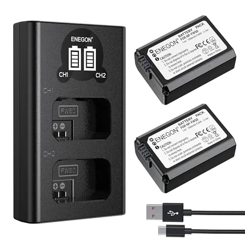 ENEGON NP-FW50 Akku (2-Pack | 1300mAh) und LCD Dual USB Ladegerät für Sony ZV-E10, A6000, A6300, A6400, A6500, A7, A7II, A7RII, A7SII, A7S, A7R, A7RII, A55, A5100, RX10 - Zubehör Kit