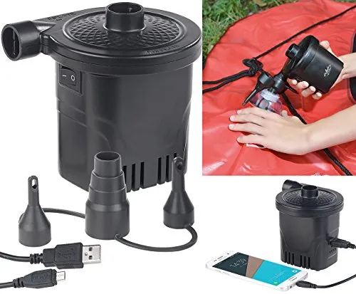 infactory Luftballonpumpe: 2in1-Akku-Luftpumpe mit Powerbank-Funktion & USB-Ladekabel, 250 l/Min (Schwimmring Luft ablassen, Elektrische Luftpumpe Akku, 12V Batterie)