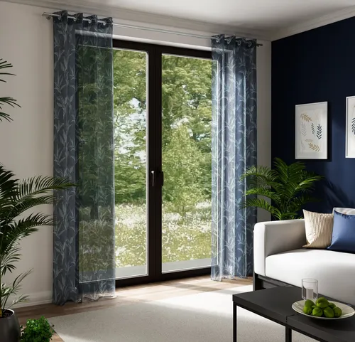 Ösenschal Evander 140x245cm - Blau/Natur - Eleganter Ösenschal in Blau/Natur mit botanischem Muster, ideal für jedes Zimmer. Durchscheinendes Material sorgt für ein lichtdurchflutetes Ambiente.