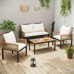 Gartenmöbelset (4-tlg.) - Beige Loungeset mit Couchtisch - Vielseitiges 4-teiliges Loungeset für Garten und Balkon. Wetterfestes Material, 5 cm starke Sitzkissen und 18 cm Rückenkissen sorgen für hohen Komfort. Modernes Design für entspannte Stunden im Freien.
