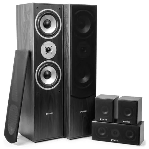 Fenton HF5B - Heimkino Soundsystem für Audiosystem 1150 Watt - 5.0 Surround Sound System, 5-teiliges Standlautsprecher Set, Heimkino Musikanlage, für Zuhause, Wohnzimmer - Holz Schwarz