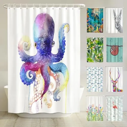 arteneur® Wasserfarben Tintenfisch Duschvorhang 180x200 cm - Duschvorhang mit lustigem Oktopus-Motiv aus 100% recyceltem Polyester, antibakteriell und waschbar. Perfekt für mehr Freude in deinem Bad!