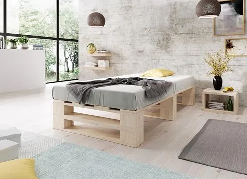 Lermowood Palettenbett M2 aus Holz 100 x 200 cm Natur mit Lattenrost Holzbett 30cm Stabiles Seniorenbett Kinderbett Jugendbett Gästebett erhöhtes Einzelbett Bettgestell Futonbett Komforthöhe Naturholz