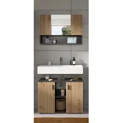xonox.home 2-tlg. Badkombination Mone 80x180x30 cm - Kompakte 2-tlg. Badkombination in stilvollem Design mit Basalt- und Artisan Oak-Nachbildung. Ideal für kleine Räume, bietet viel Stauraum und ist pflegeleicht.