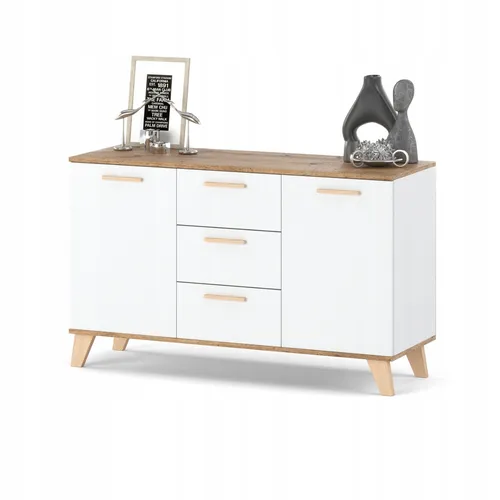 Kommode Skandinavisch OSLO Weiß / Wotan 120 cm Sideboard 2 Türen 3 Schubladen