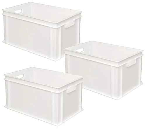 BRB 3x Eurobehälter mit 2 Durchfassgriffen, 63 Liter - Lebensmittelbehälter aus lebensmittelechtem Polypropylen, kältebeständig bis -40°C und hitzebeständig bis +60°C, ideal für die Lagerung von Lebensmitteln und mehr.