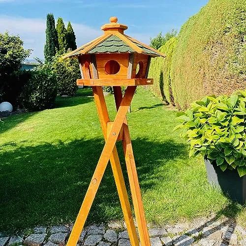 DARLUX Vogel Futter Haus L oder XL Sechseck Holz Vogelhaus Futterstelle Braun/Blau, Rot, Schwarz und Grün (Größe L mit Ständer, Grün - Braun)