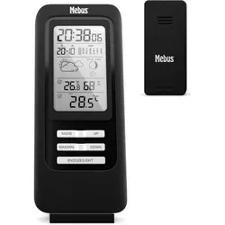 MEBUS Funkgesteuerte Wetterstation 40687 - Wetterstation mit Außensensor, integriertem Thermometer/Hygrometer und Wettervorhersage-Icons für optimales Raumklima. Mit automatischer Zeitanpassung und Mondkalender für umfassende Informationen.