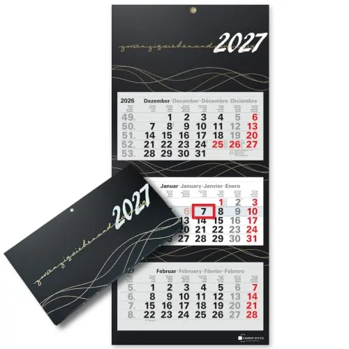 3-Monatskalender 2027 Wandkalender mit Schieber, Schwarz-Gold Wave Edition, Großformat 70 x 32 cm Bürokalender, 4-sprachig mit Feiertagen, stabile Rückwand und Metallöse