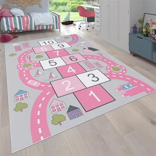 Paco Home Kinderteppich Straßen Design - Teppich fürs Kinderzimmer mit rutschfester Oberfläche und Hüpfkästchenspiel, ideal für sicheres Spielen und Lernen, Größe: 160x220 cm.