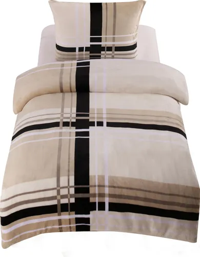 Winter Bettwäsche Teddy Plüsch gestreift modern Nicki Kuschelig Warm Fleece, Größe:2 teilig 155x220 cm, Farbe:beige
