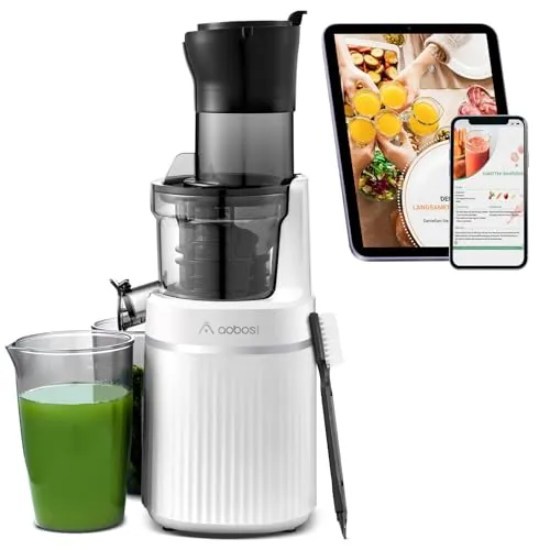AOBOSI 200W Slow Juicer - Einzelschnecken-Entsafter mit rückwärts Funktion und zwei Filtergrößen für maximale Saftausbeute und Reinheit. Genießen Sie leisen Betrieb unter 60 dB und eine einfache Reinigung ohne Verstopfungen.