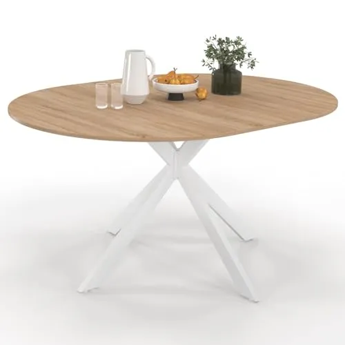 IDMarket - Table à Manger extensible Ronde ALIX 6-8 personnes pied araignée Bois et Blanc 110-150 cm