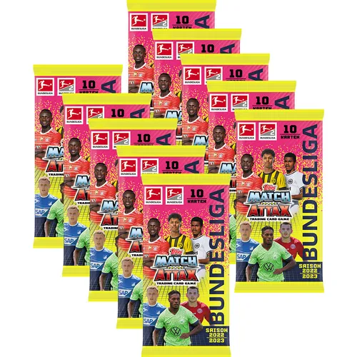 Topps Match Attax Bundesliga 2022/23 - 10 Booster - Erlebe die Bundesliga hautnah mit diesen 10 Booster-Packs der Topps Match Attax 2022/23! Ideal für Sammler und Fans, um die besten Spieler zu sichern und spannende Spiele zu gestalten.