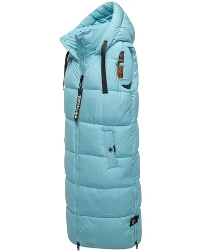 Navahoo Damen ärmellose lange Outdoorweste Sky Blue Gr. XS - Stylische, ärmellose lange Weste von Navahoo aus softem Material. Ideal für kalte Tage, mit verstellbarer Kapuze und seitlichen Gehschlitzen für optimale Bewegungsfreiheit. Perfekt für Outdoor-Aktivitäten!
