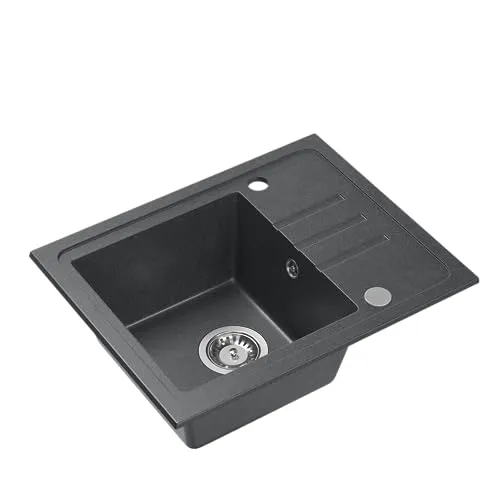 VBChome Granitspüle Schwarz 55 x 44 cm, Einzelbecken Einbauspüle, Reversibel, Gesprenkelt, Pflegeleichtes Spülbecken mit Siphon – Ideal für kleine Küchen