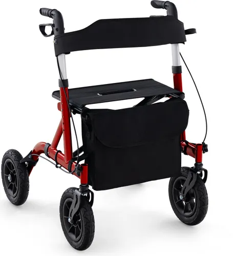 COSTWAY 2in1 Rollator mit Sitz faltbar, Gehhilfe 6-fach höhenverstellbar Gehwagen bis 136kg Alu Rot