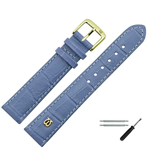 MARBURGER Uhrenarmband 20mm Leder Blau Gold Alligator Prägung Mit Naht - Montage Set 5282053000220