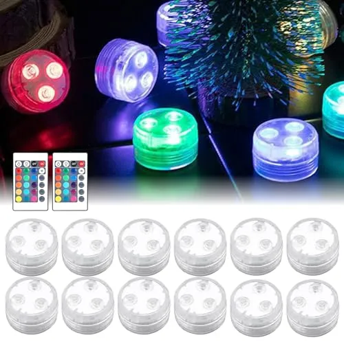 Vegena Unterwasser LED Teelichter, 12 Stück Mit Fernbedienung, RGB Wasserdichte Mini Lichter für Aquarium, Vase, Badewanne, Pool und Haus