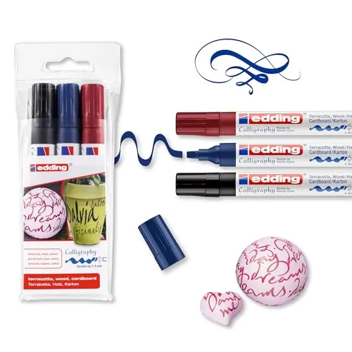 edding 4-1455-3 Fasermaler Calligraphy Marker, 3er Set, 1-5 mm, schwarz/stahlblau/karmesin