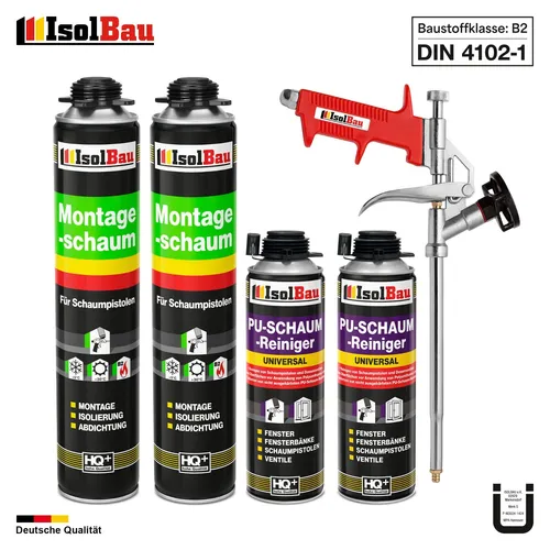 Pistolenschaum Bauschaum Montageschaum 2x 750ml + 2x PU-Reiniger + Schaumpistole - Dichtstoffe & Fugenmittel: Komplettset mit 2x 750ml PU-Schaum, 2x 500ml Reiniger und Schaumpistole - ideal für Abdichten, Dämmen und Isolieren mit hoher Resistenz gegen Schimmel.