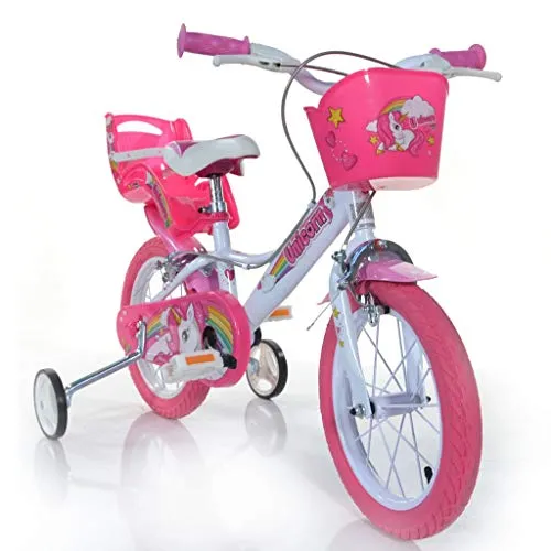 Zoll Kinderfahrrad Dino Bikes Unicorn Einhorn - 14 Zoll für Mädchen - Kinderfahrrad mit Einhorn-Motiv, ausgestattet mit Korb und Puppenhalter. Ideal für Kinder von 4-5 Jahren, sicher und komfortabel dank 14-Zoll-Felgen und Ausgleichsrädern.