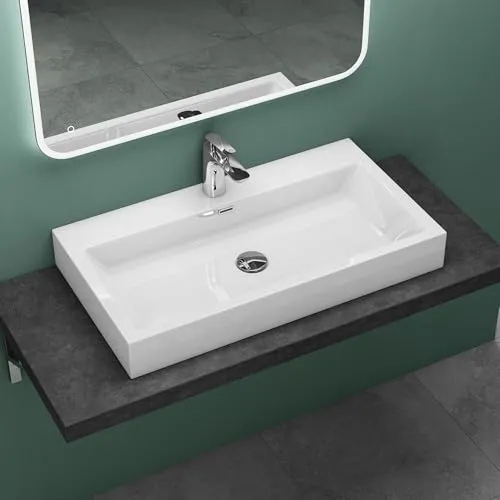 Mai & Mai Waschbecken Aufsatzwaschbecken 76,5 cm - Eckig und modern - Waschbecken zur Wandmontage aus hochwertigem Mineralguss, ideal als Aufsatz- oder Hängewaschbecken. Mit einem Armaturenloch und elegantem Design für Ihr modernes Bad.
