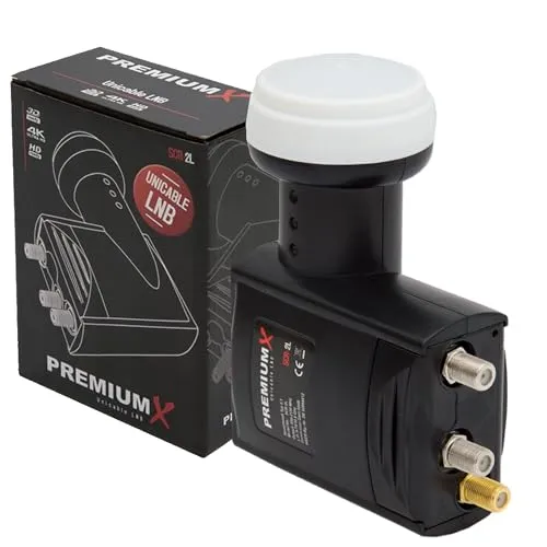 Premiumx SCR-2L SAT Unicable LNB - Einkabel-System für bis zu 4 Teilnehmer, ideal für FullHD und 4K Empfang. Mit Anti 4G LTE Filter und wetterfestem Gehäuse für zuverlässigen Satellitenempfang.