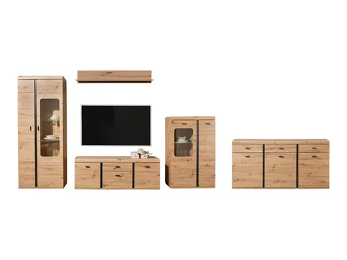 moebel-dich-auf Wohnwand KOS, (in Artisan Eiche, Vitrine + Wandboard + Lowboard + Stauraumelement), Softclose, inkl. LED-Beleuchtung