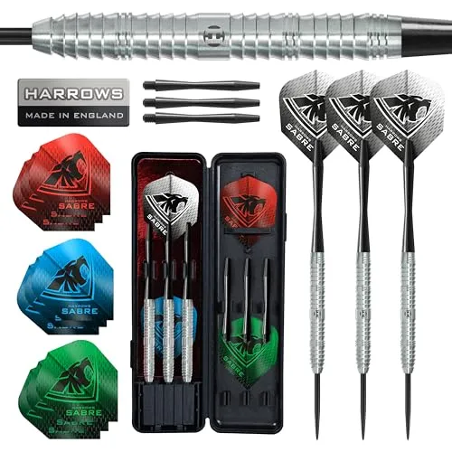 Harrows Sabre Dartpfeil-Set mit 90% Wolframstahlspitze, 21 g bis 26 g, alle Gewichte erhältlich, riesiges 16-teiliges Bündel mit Ersatzschäften, Prime Flights und Reiseetui (22 Grams)