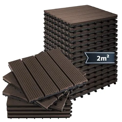 Montafox WPC Fliesen Dunkelbraun 30x30 cm - 22 Stück für Terrasse und Balkon - Gestalten Sie Ihre Terrasse oder Ihren Balkon mit robusten WPC Fliesen in Holzoptik. Einfaches Verlegen ohne Werkzeug dank Klicksystem. Wetterbeständig und pflegeleicht – ideal für jeden Außenbereich.