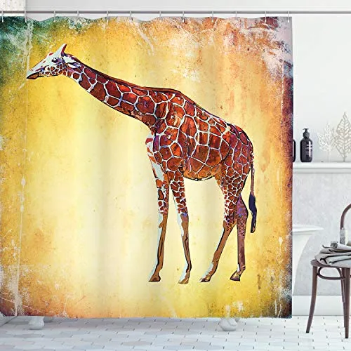 ABAKUHAUS Giraffe Duschvorhang, Vintage Scenic, Stoffliches Gewebe Badezimmerdekorationsset mit Haken, 175 x 240 cm, Senf Mehrfarbig