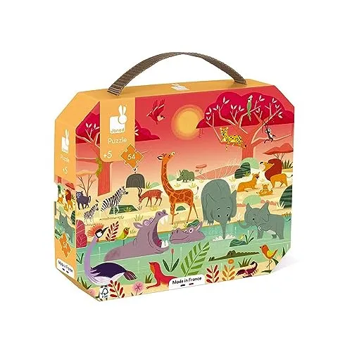 Janod - Puzzle für Kinder Tierreservat, 54 Teile - Lernspiel - fördert Feinmotorik und Konzentration - Koffer mit Griff - FSC-zertifiziert - Ab 5 Jahren, J02650, Weiß