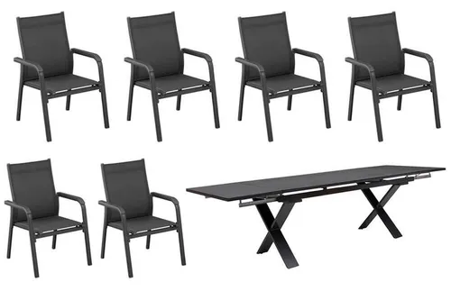 KETTLER Garten-Essgruppe BasicPlus mit Ausziehtisch - Elegante Esstischgarnitur aus Aluminium/Textilene, inklusive 6 Stapelsesseln und einem OUTFLEXX Ausziehtisch (180/280x100x78cm). Genießen Sie stilvolles Design und höchsten Komfort im Freien.